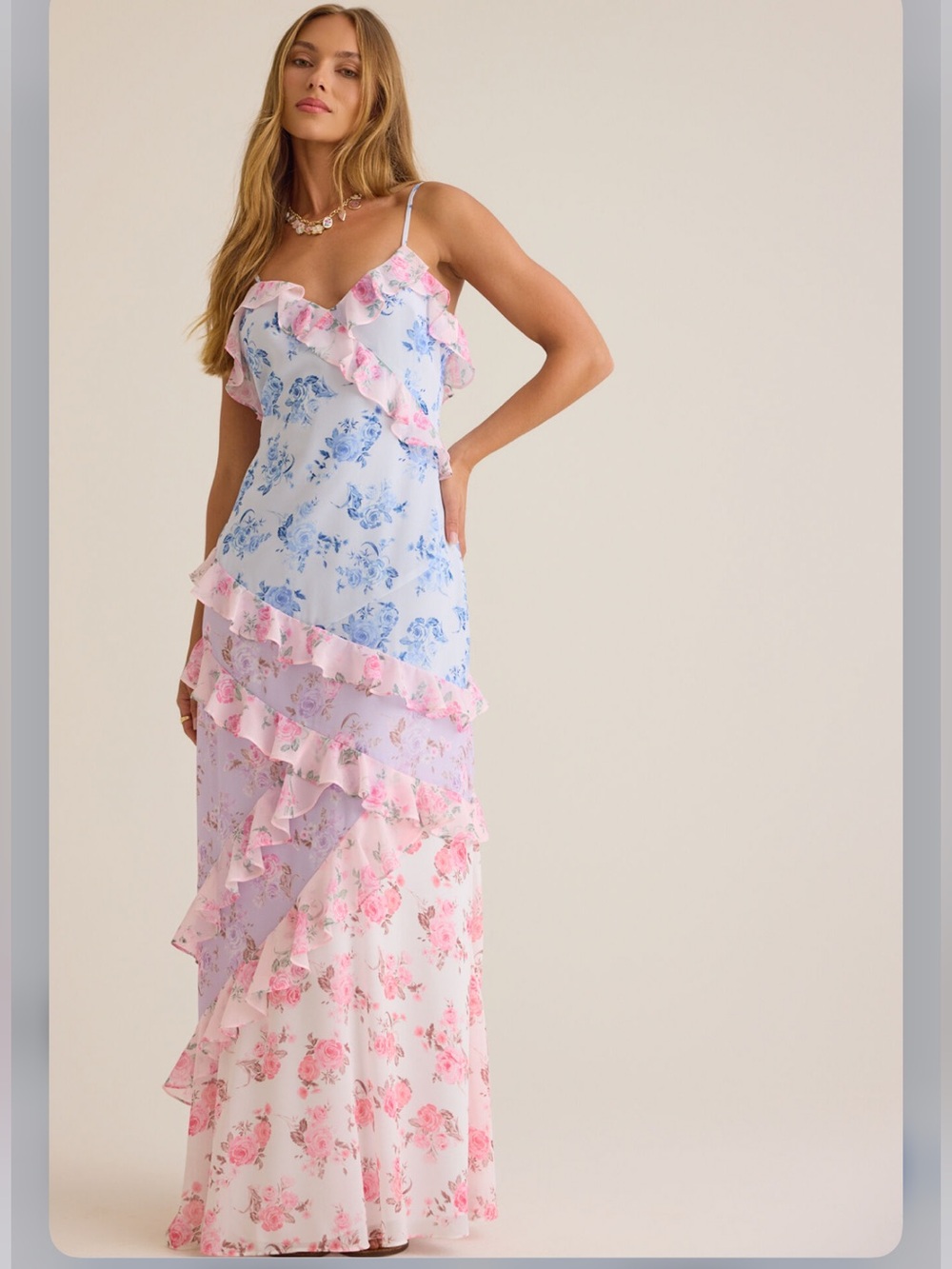 Altar'd State Mirelda Pastel Floral Tiered Ruffle Maxi Dress - Pink & Blue